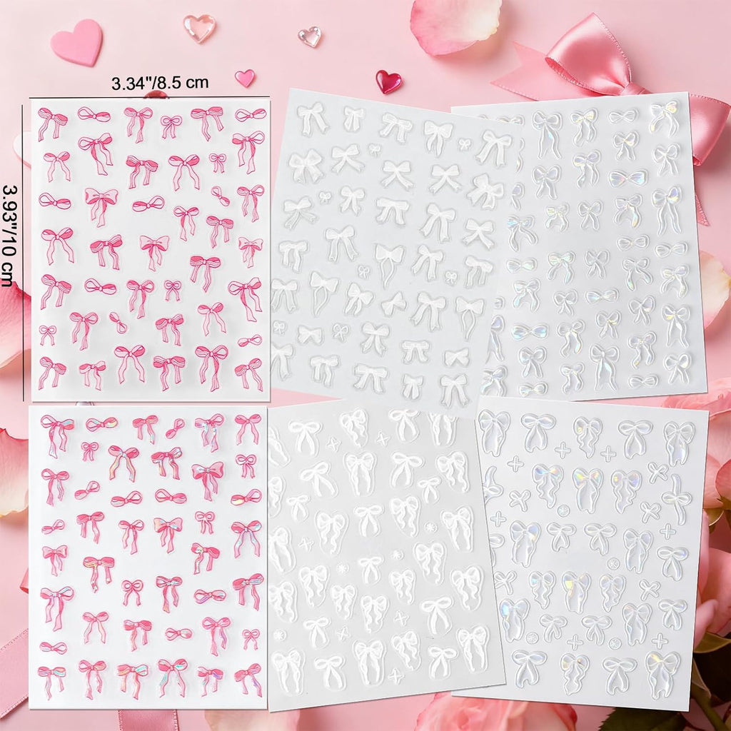 Bow Nail Stickers, 6 Sheets Aurora Shell Bow Stickers for Nails | Self-Adhesive Pink White Ribbon Bows Cute Nail Decals for Women Girl Gift Christmas Valentine'S Day Accessories Decoration